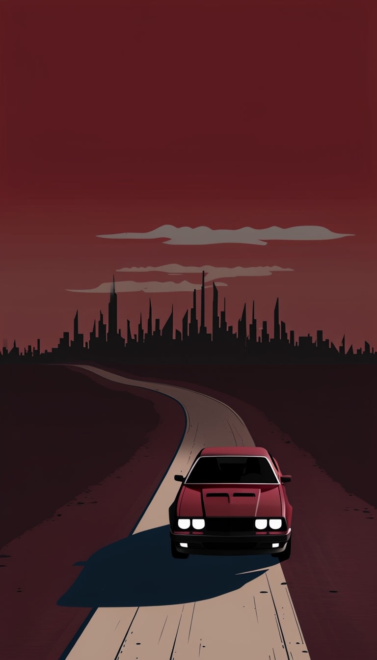 Eerie Crimson Car Driving on Winding Road Minimalist Design Phone Case Cover