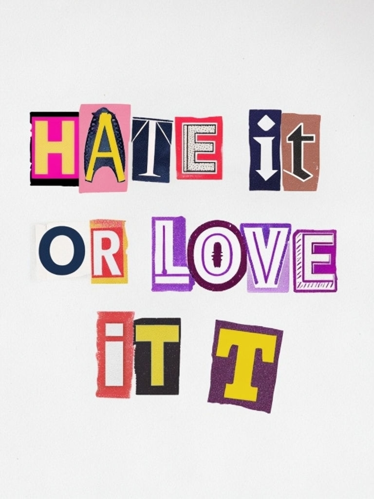 Colorful Collage of 'Hate It or Love It' Typography Poster