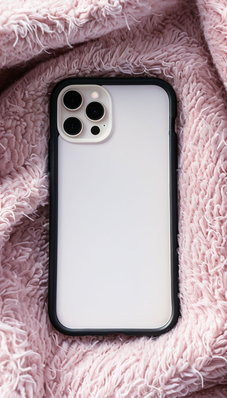 Elegant Black Framed iPhone Case on Plush Baby Pink Blanket Mockup