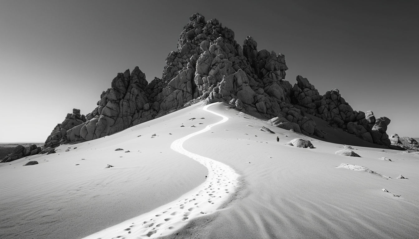 Dramatic Black and White Landscape with Winding Path Virtual Backgrounds