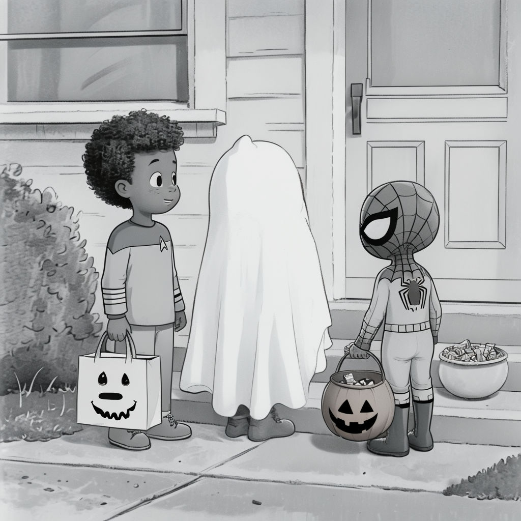 Nostalgic Black and White Halloween Costumes Cartoon Art