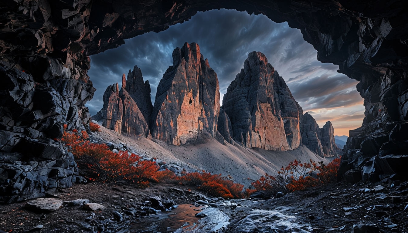 Mysterious Cave with Rugged Mountain Landscape Virtual Background