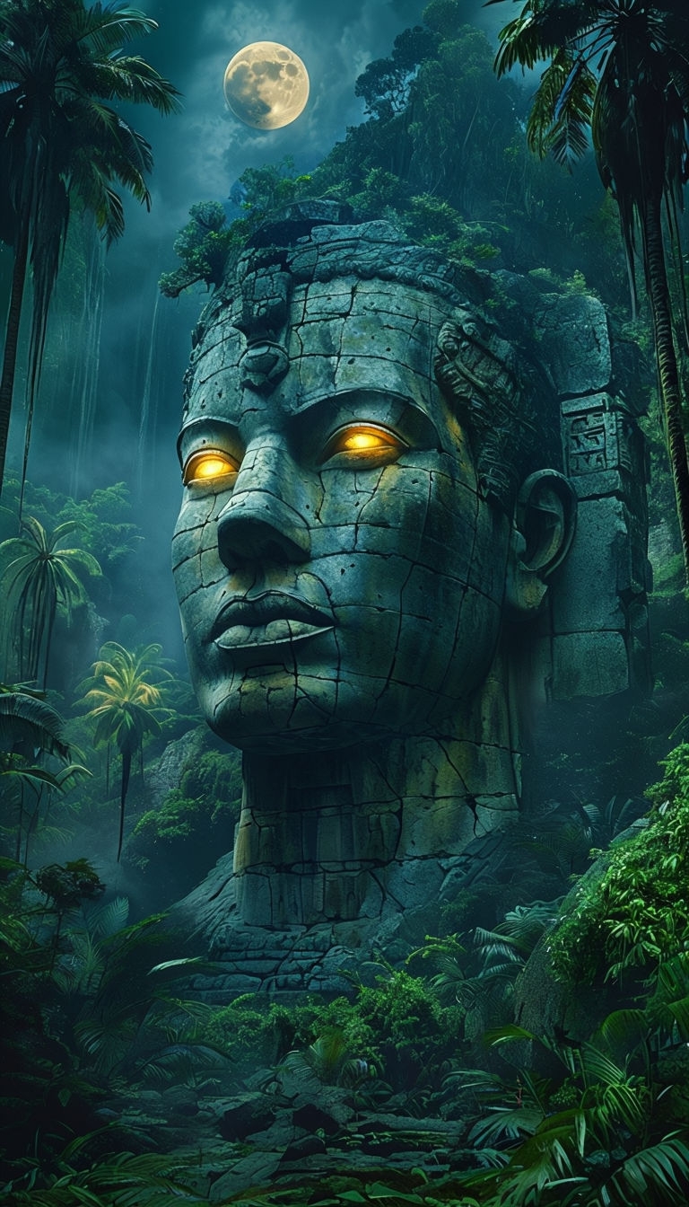 Mystical Colossal Stone Head in Lush Jungle Mobile Wallpaper