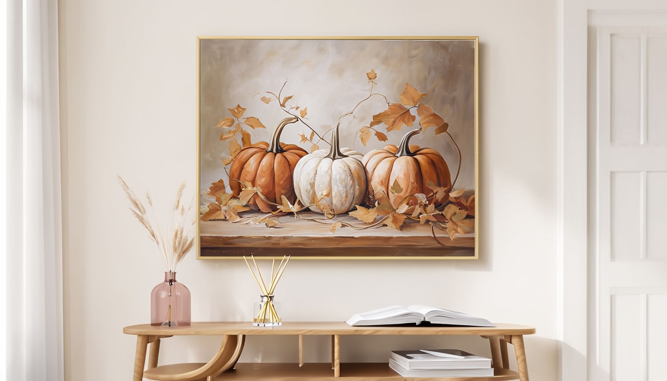 Cozy Minimalist Interior with Pumpkin Artwork and Rustic Decor Poster