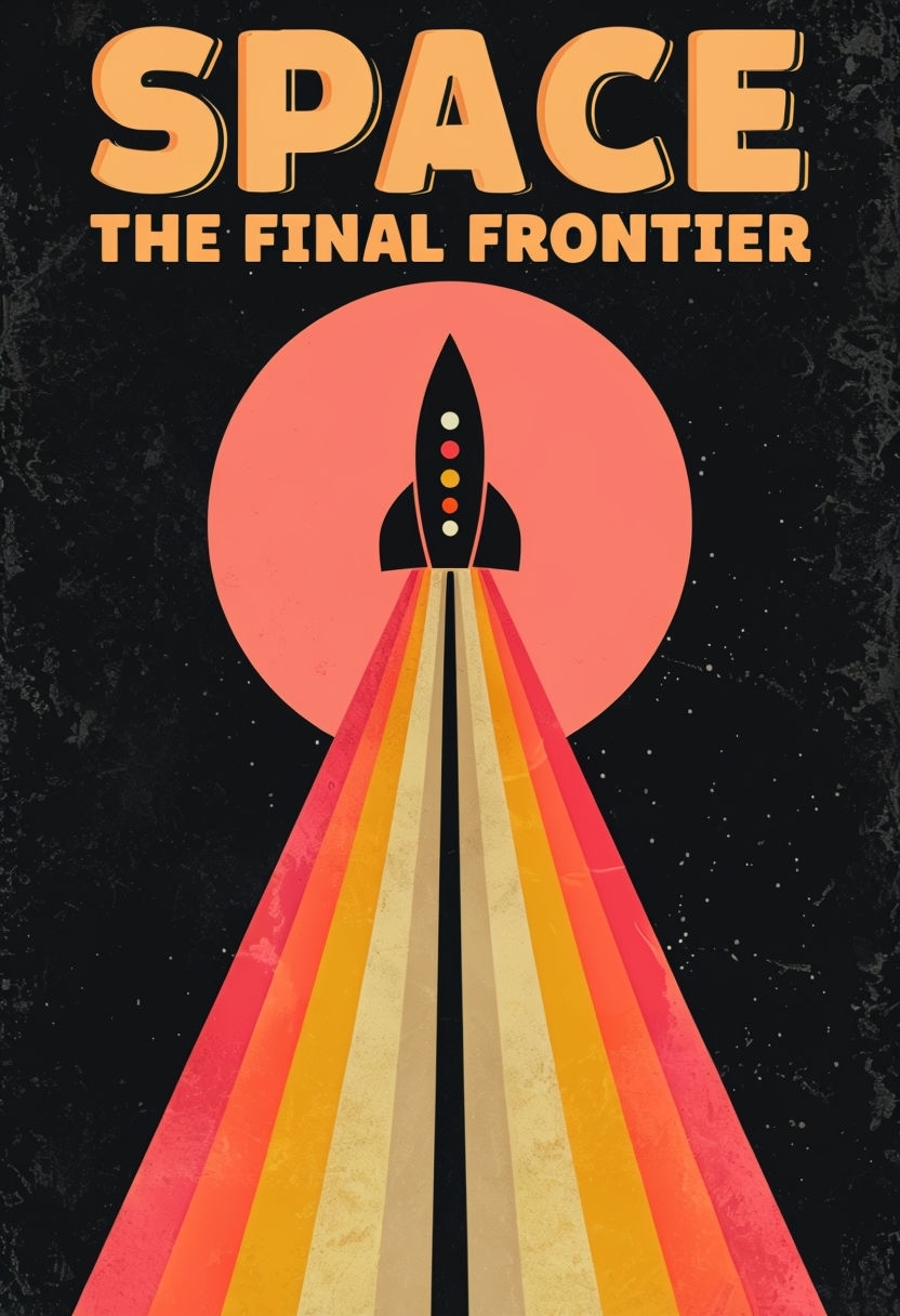 Retro Minimalist Space Adventure Poster with Rocket and Sun