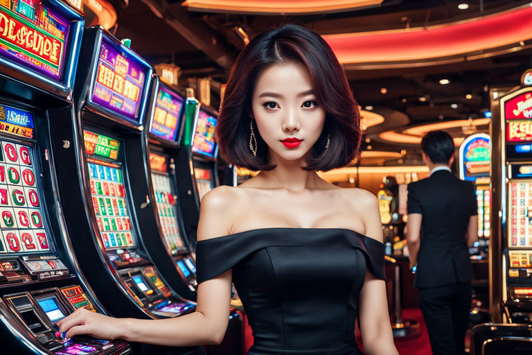 Beautiful girl, Korean style, has a bob hairstyle. Sexy woman in black off-shoulder dress standing with slot machine