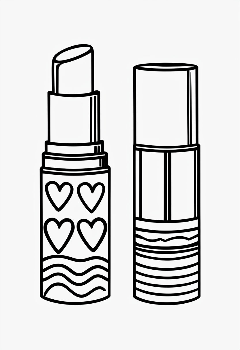 Minimalist Lipstick Line Drawing with Heart Patterns Coloring Book Pages