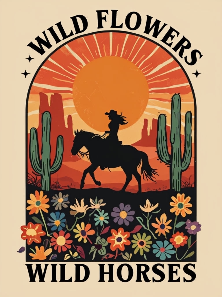 Vintage Cowgirl Riding Wild Horse with Sunset and Flowers T-shirt