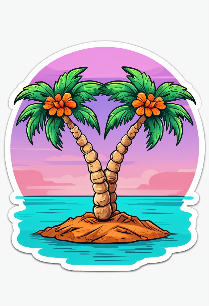 Vibrant Tropical Island with Palm Trees and Flowers Sticker