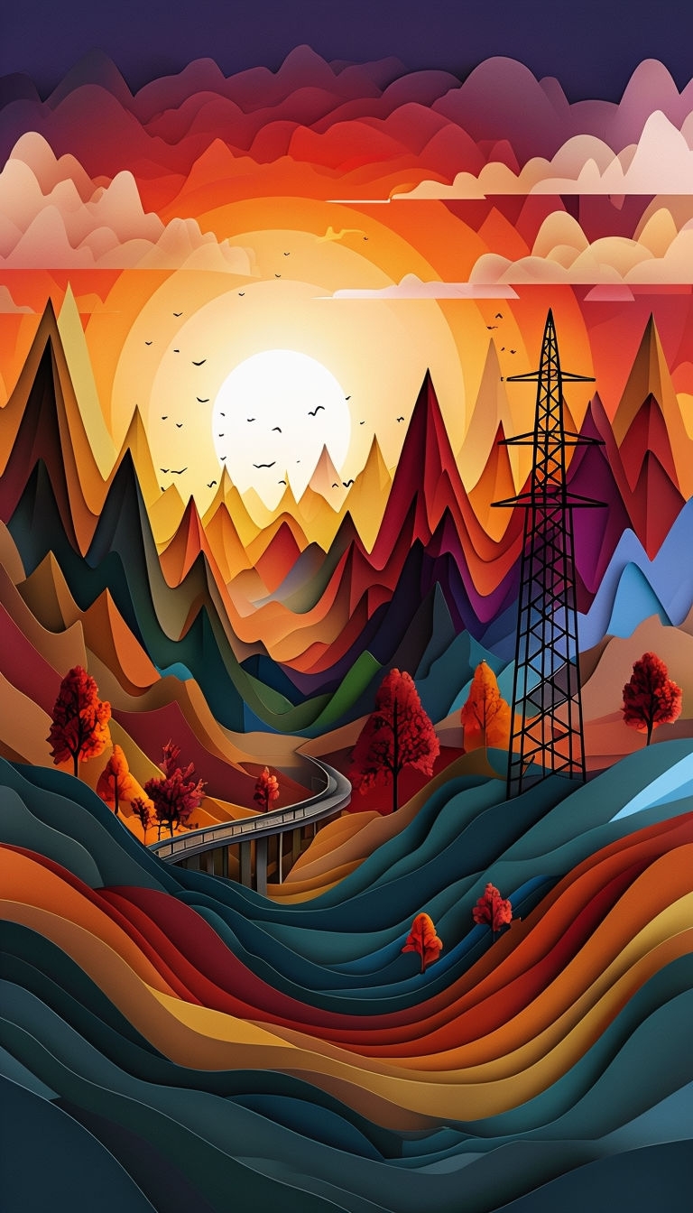 Serene Sunset Landscape in Paper Cut Style Illustration Mobile Wallpaper
