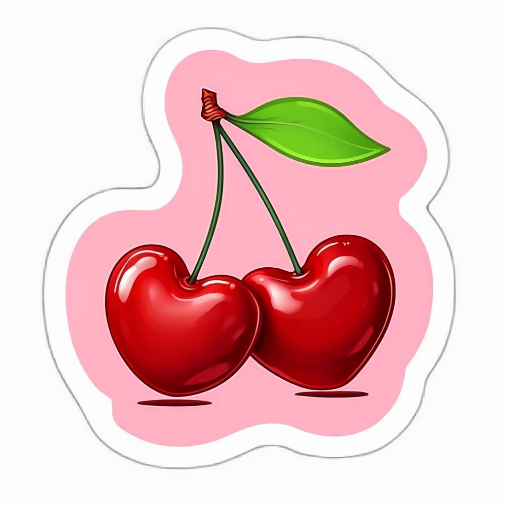 Heart-Shaped Cherries Illustration with Green Stems Sticker