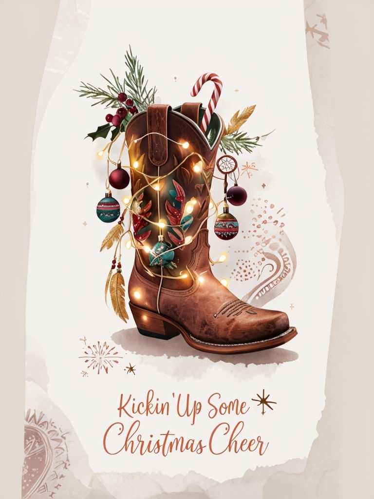 Festive Cowboy Boot with Christmas Decorations Illustration Card & Invite