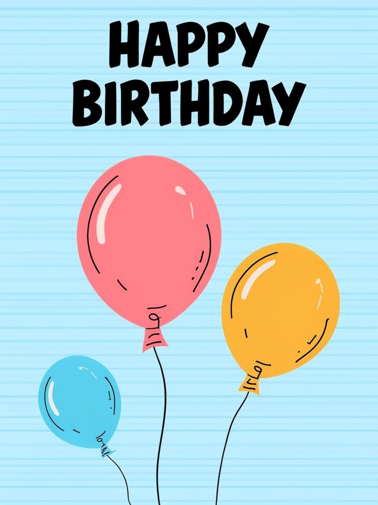 Cheerful Cartoon Birthday Card with Balloons Design Cards & Invites