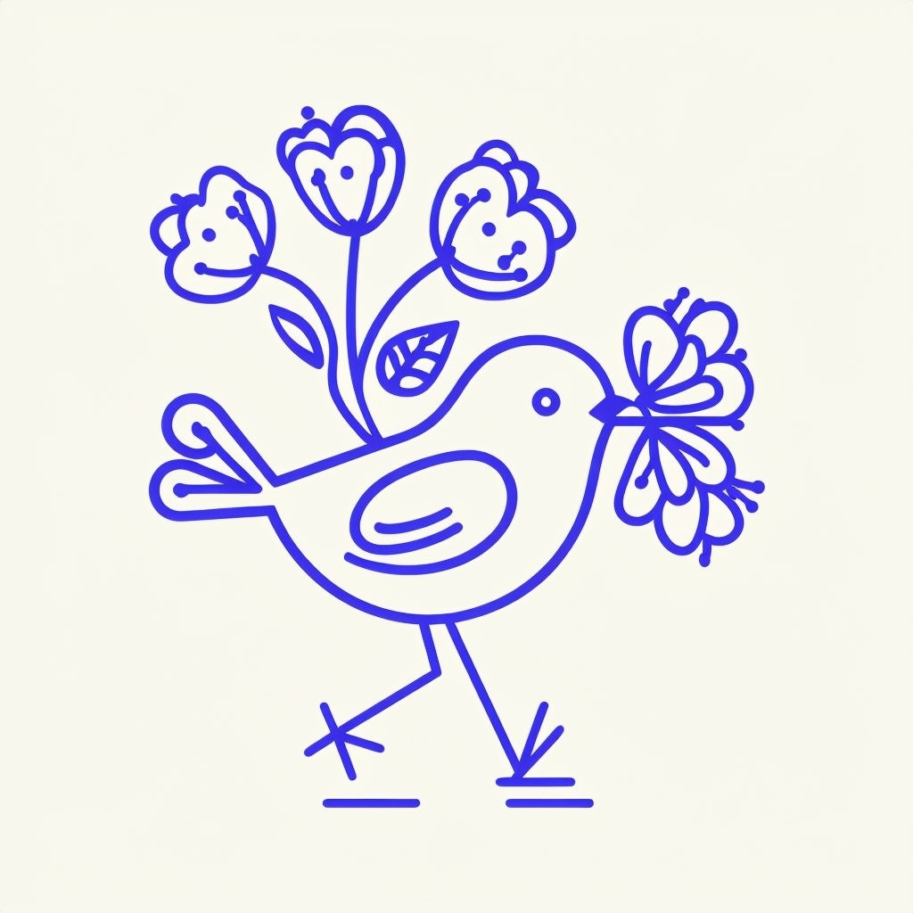 Whimsical Cartoon Bird Holding Flowers Minimalist Sticker