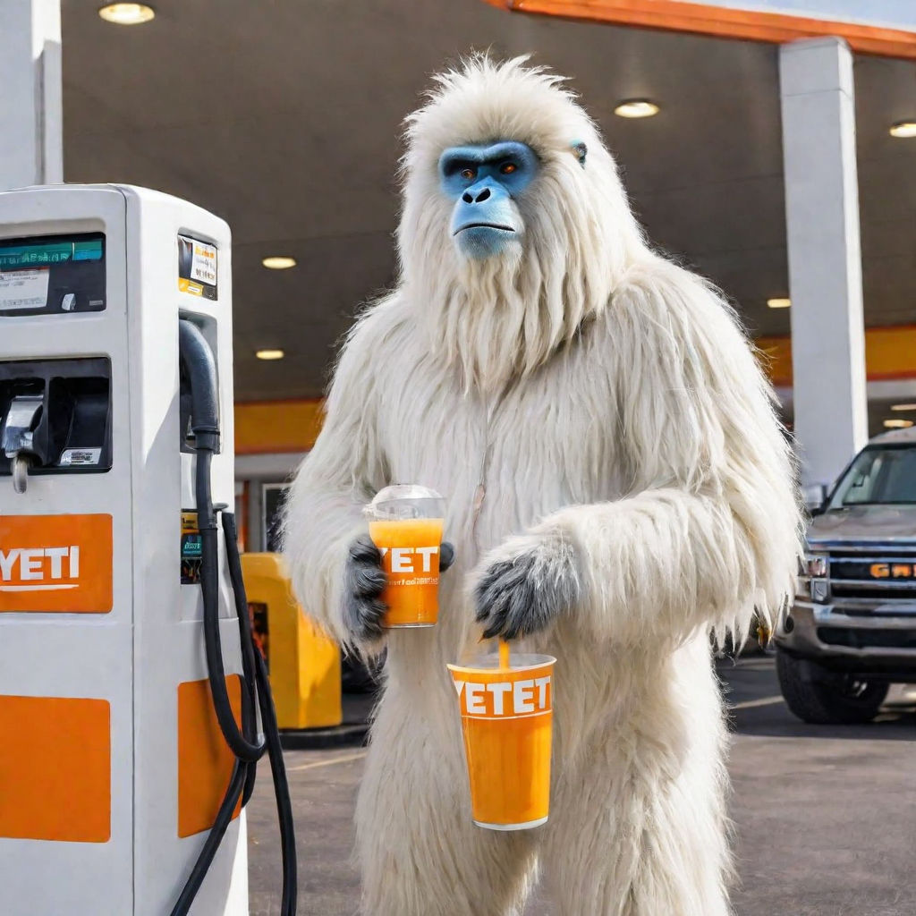 A white yeti with orange juice at a gas station by Pablo Barto - Playground