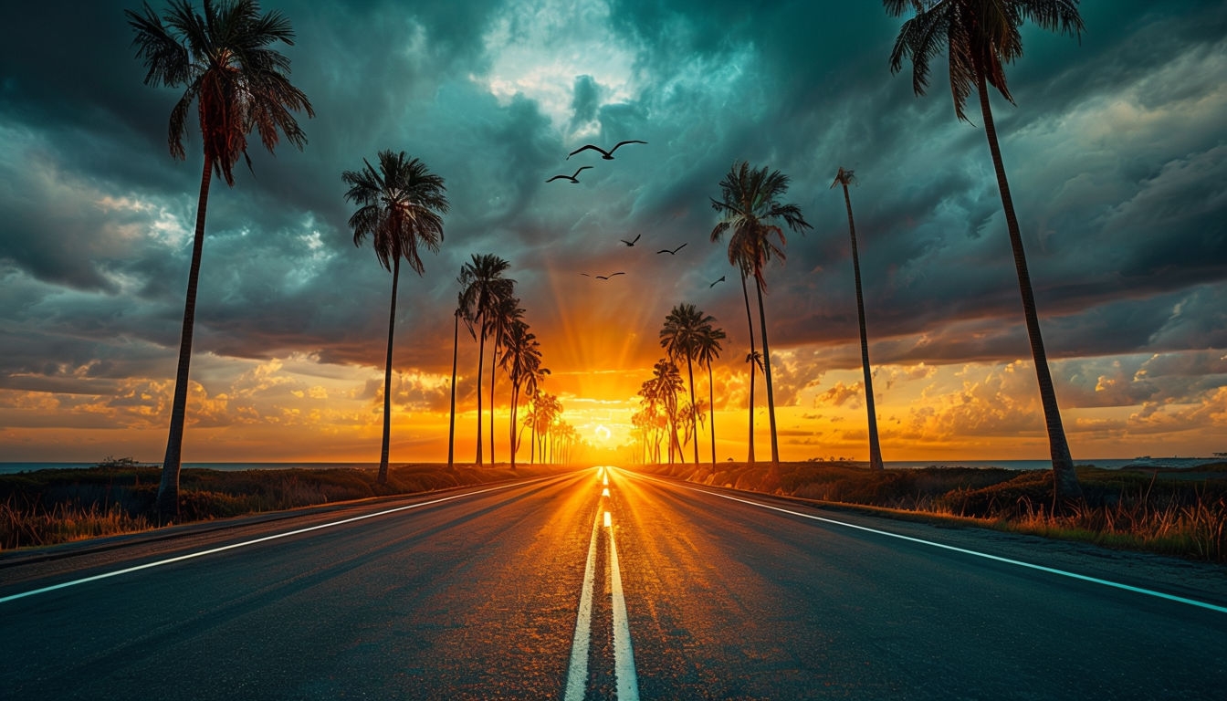 Tropical Sunset Road Landscape with Palm Trees Virtual Backgrounds