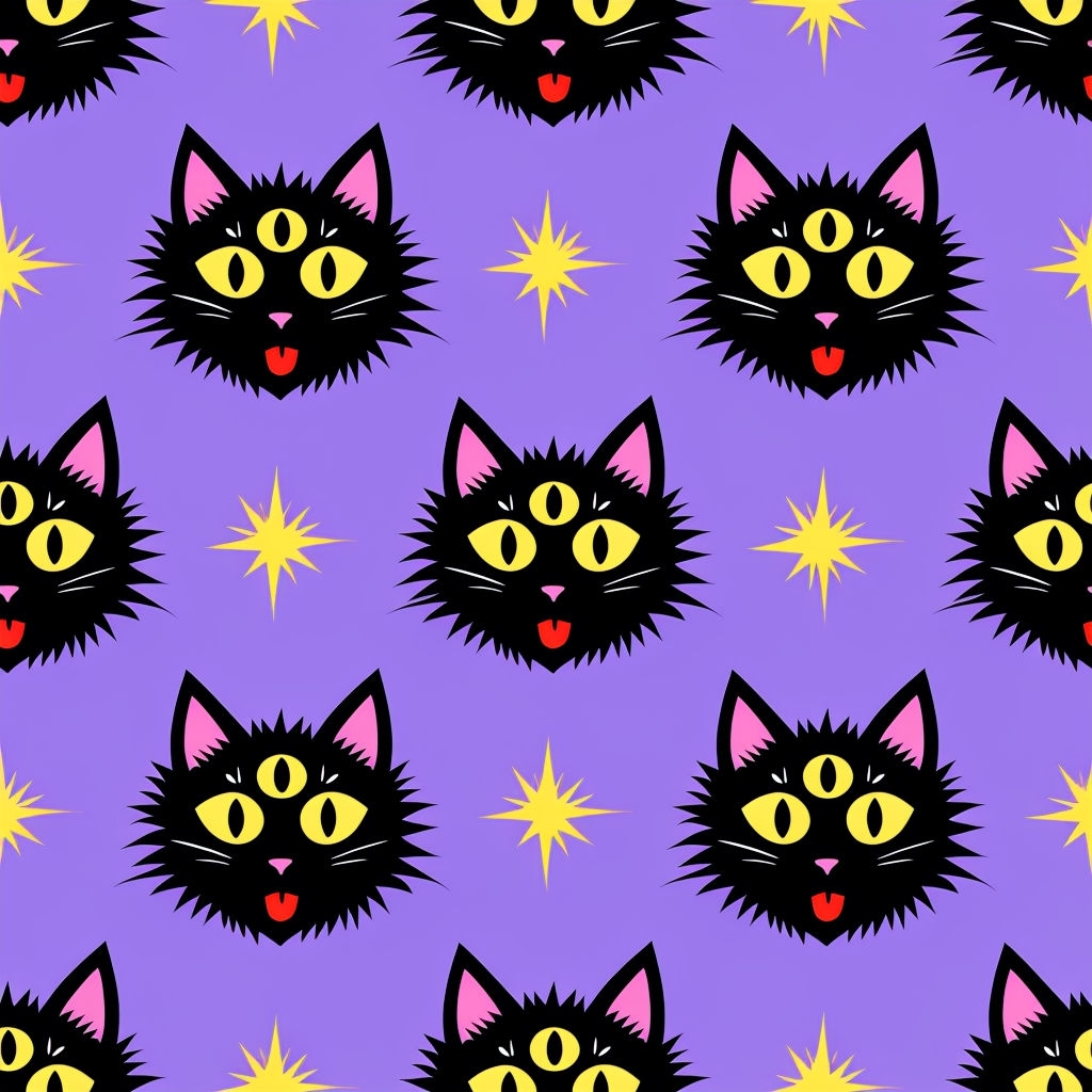 Playful Black Cat Faces with Yellow Stars Seamless Pattern