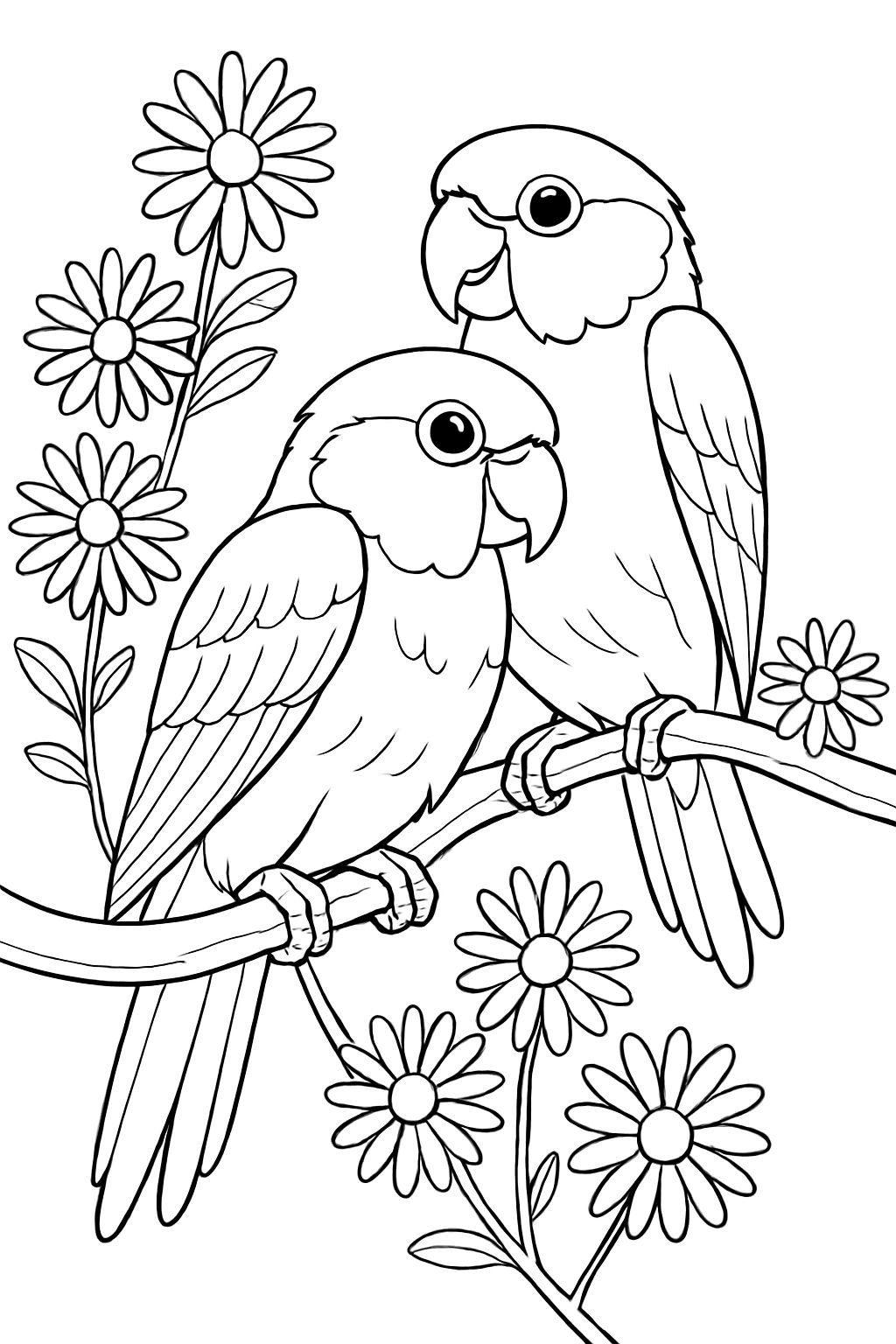 Affectionate Lovebirds on a Branch with Daisy Flowers Coloring Book Page