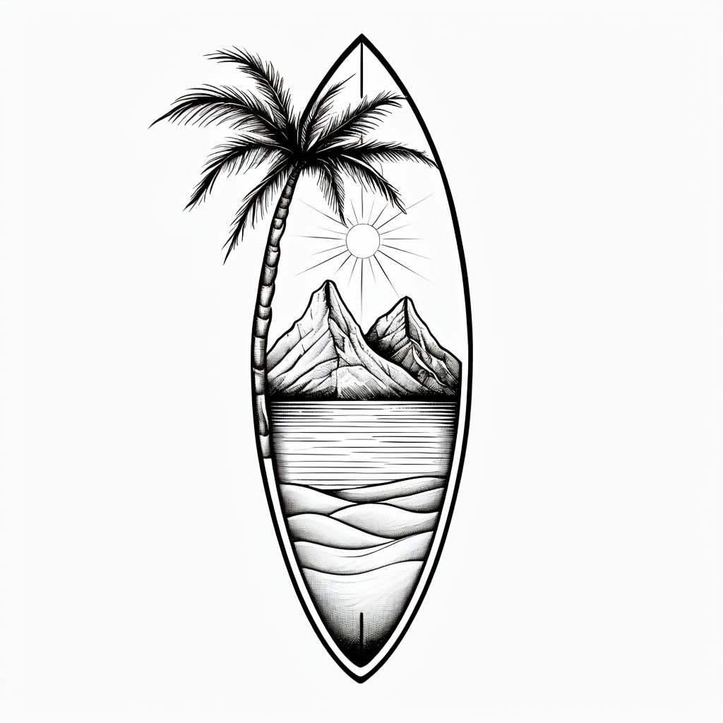 Minimalist Black and White Surfboard with Tropical Sunset T-shirt