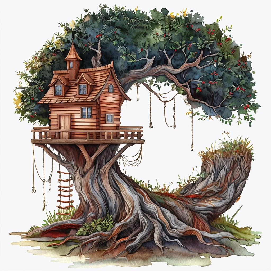 Whimsical Watercolor 'C' Shaped Tree with Treehouse Illustration Monogram