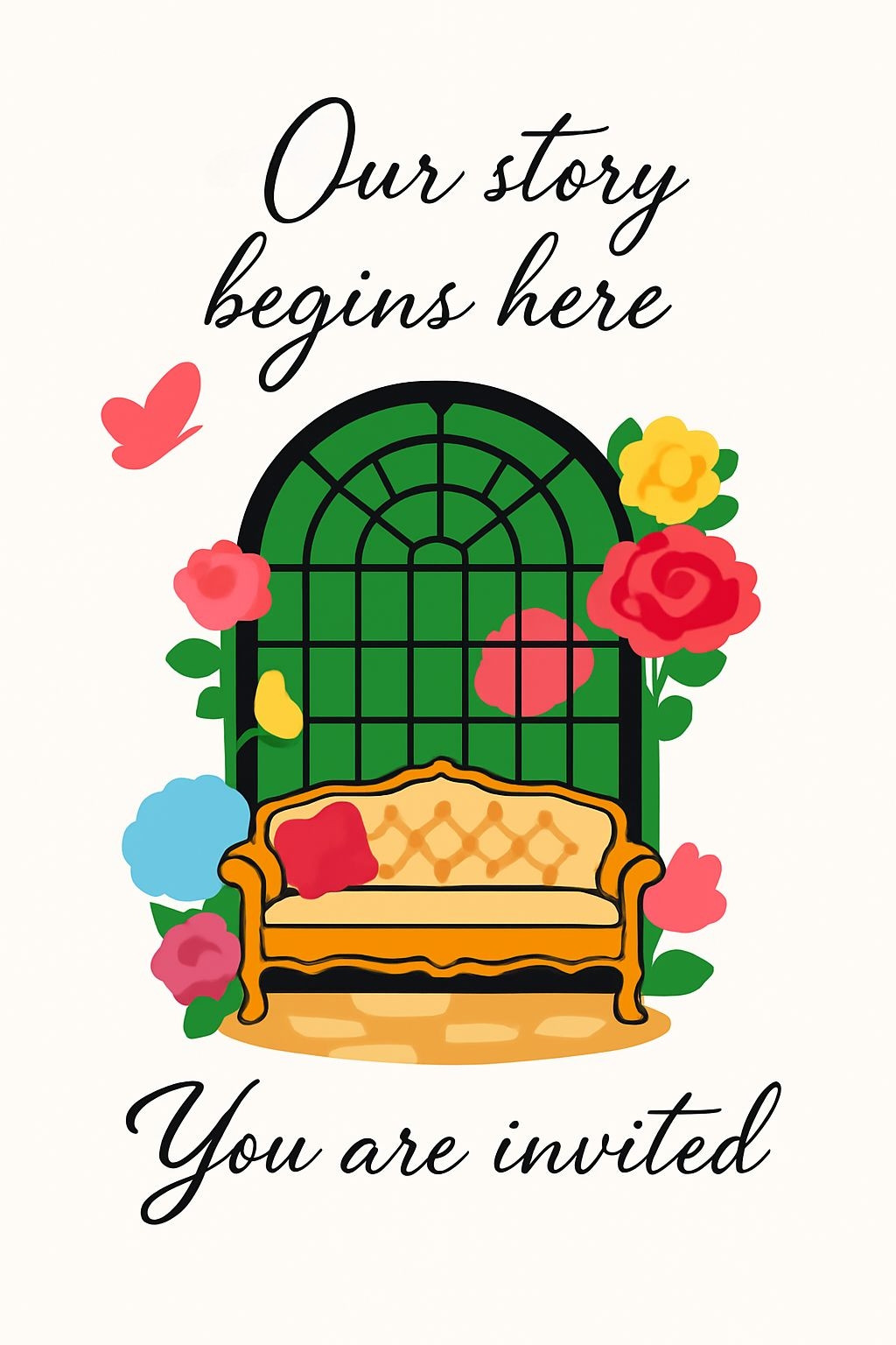 Whimsical Invitation Design with Ornate Couch and Flowers Card
