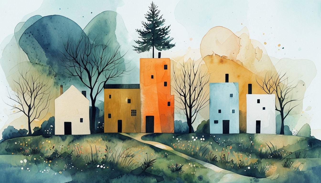 Serene Abstract Watercolor Village Scene Wallpaper for Virtual Backgrounds