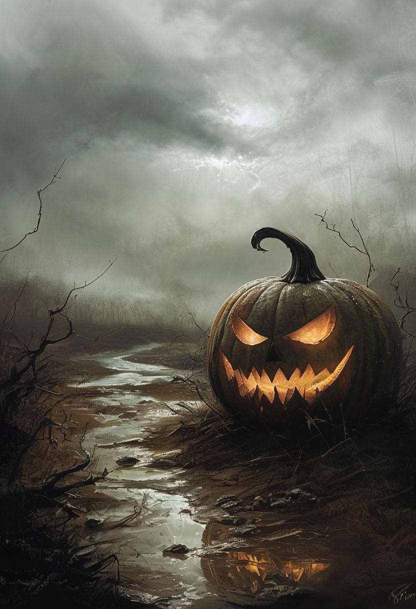 Sinister Jack-O'-Lantern in Dark Eerie Landscape Art