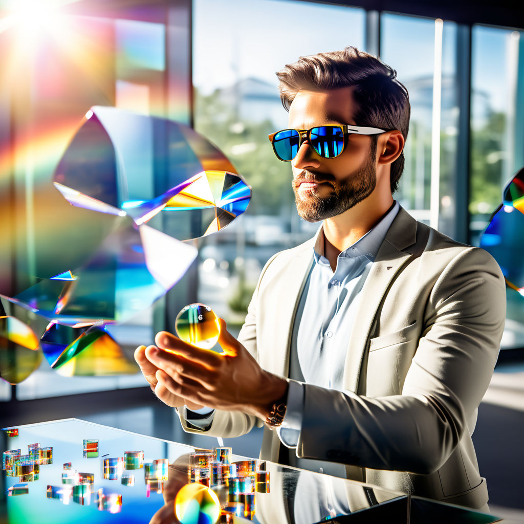 Lenses and mirrors with white light beam spreading into colo... by Olga