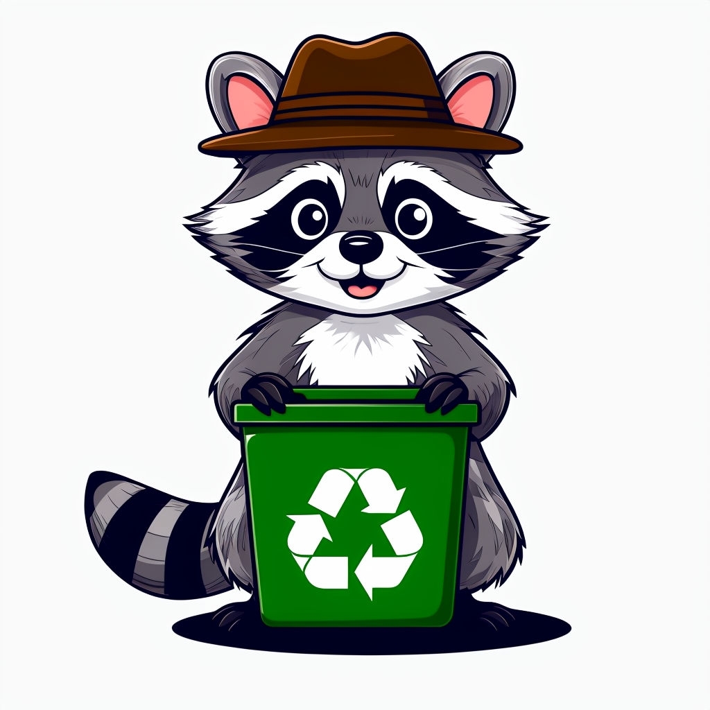 Cheerful Cartoon Raccoon with Recycling Bin Sticker