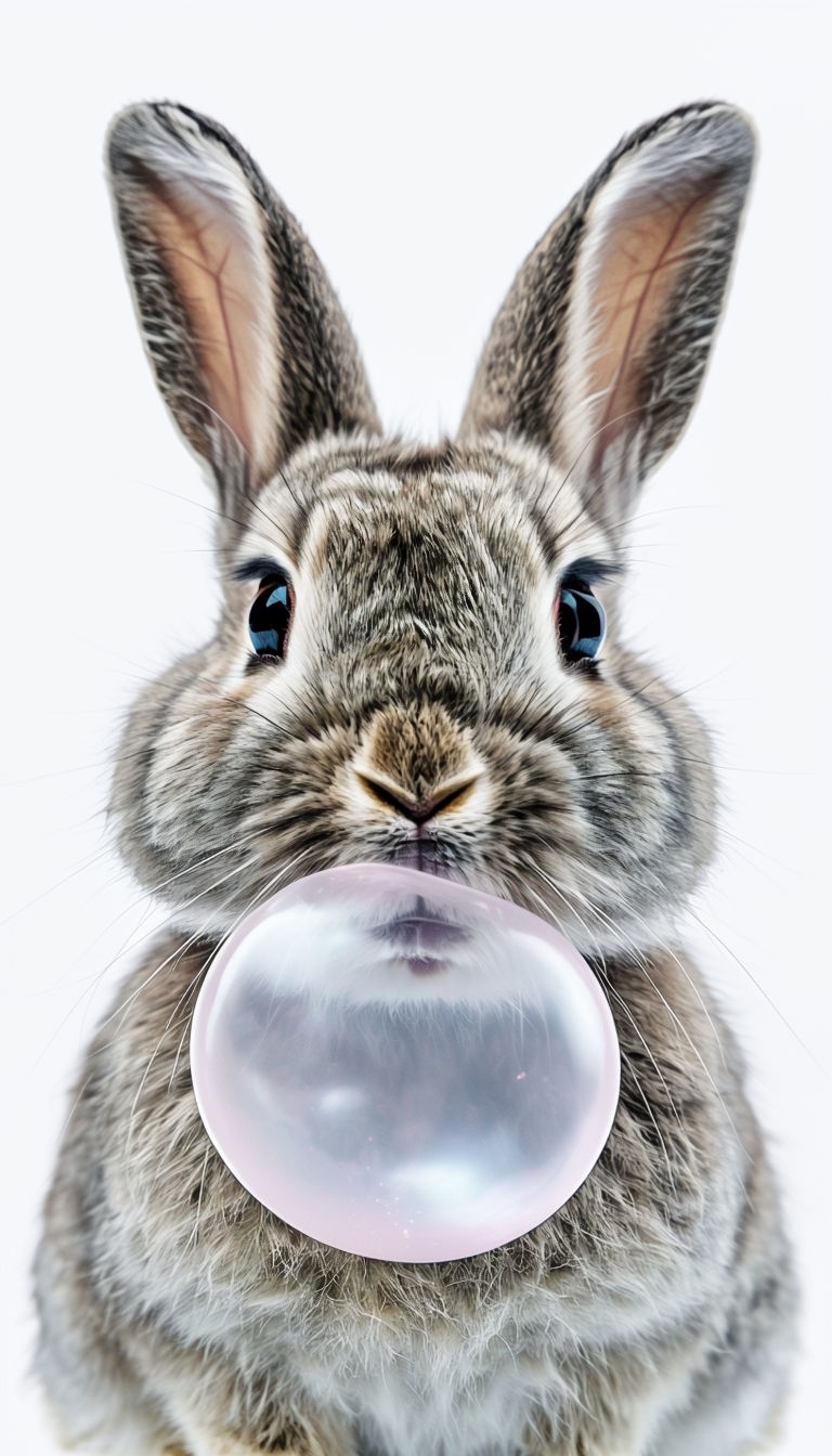 Cute Gray Rabbit with Bubble Gum Close-Up Portrait Mobile Wallpaper