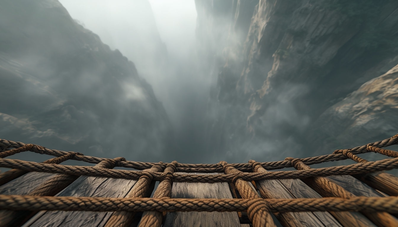 Misty Canyon View from Rope Bridge Realistic Virtual Background