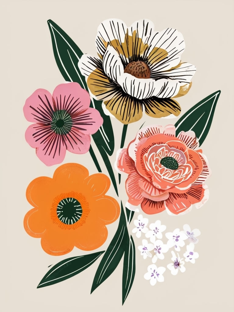Vibrant Modern Floral Design with Five Colorful Flowers Art