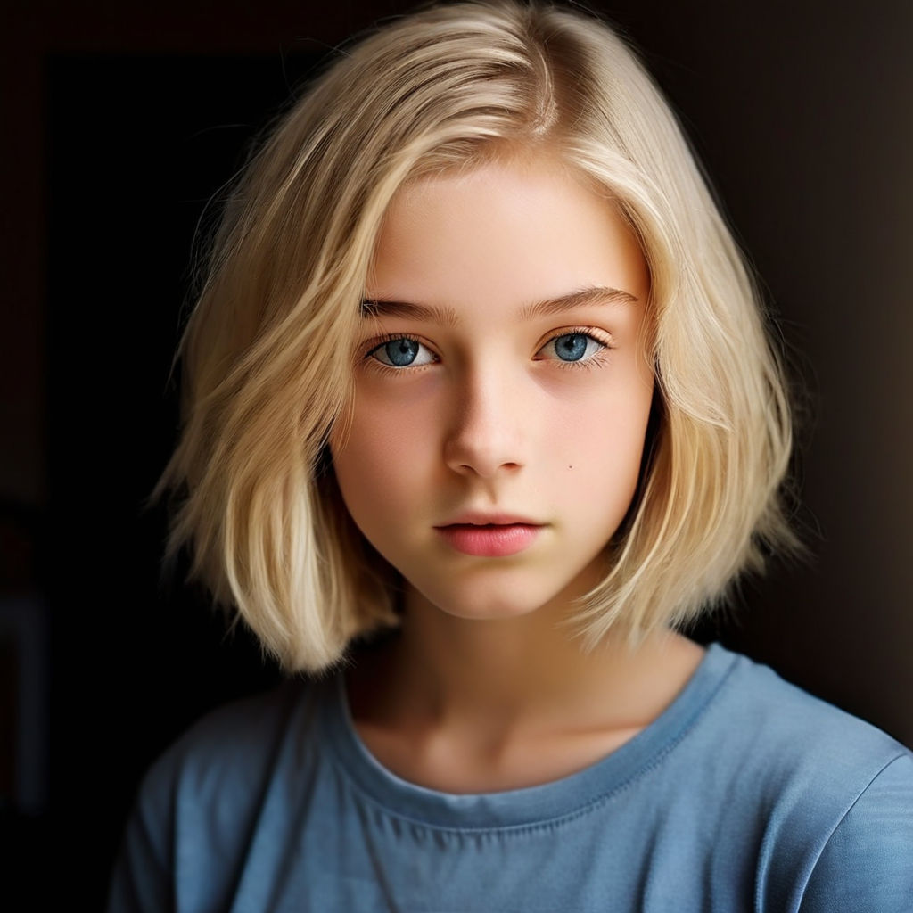 Petite teen girl with blonde hair and blue eyes