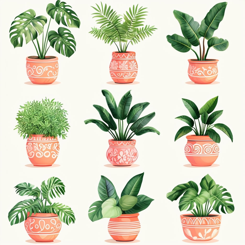 Tropical Houseplants in Decorative Pots Seamless Pattern