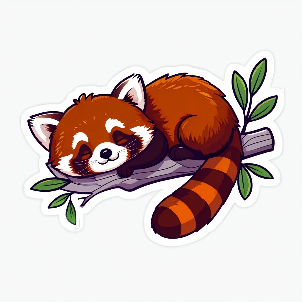 Cute Sleeping Red Panda on Branch Cartoon Sticker