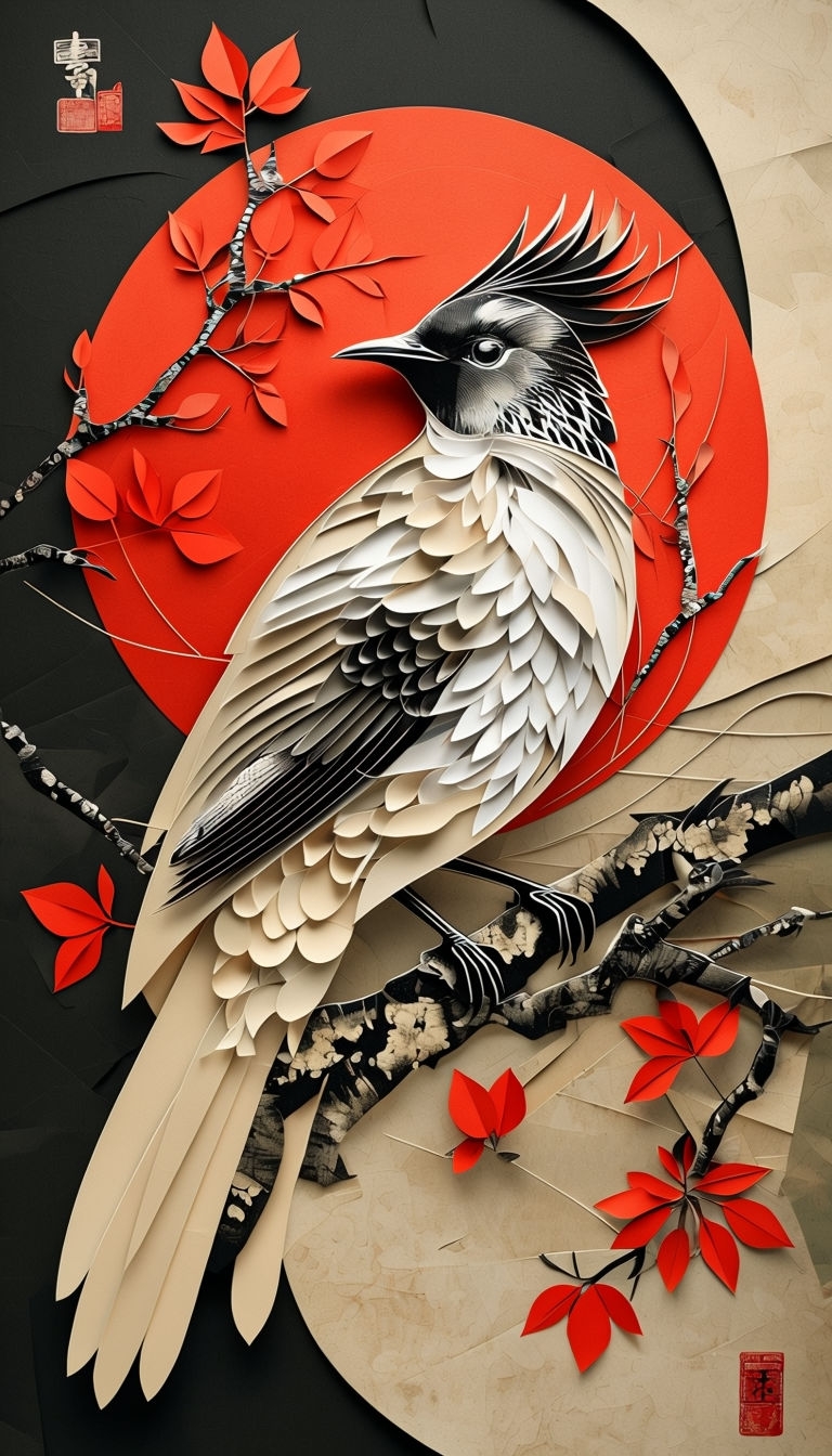 Sophisticated Stylized Bird Mixed Media Artwork with Cultural Elements ...