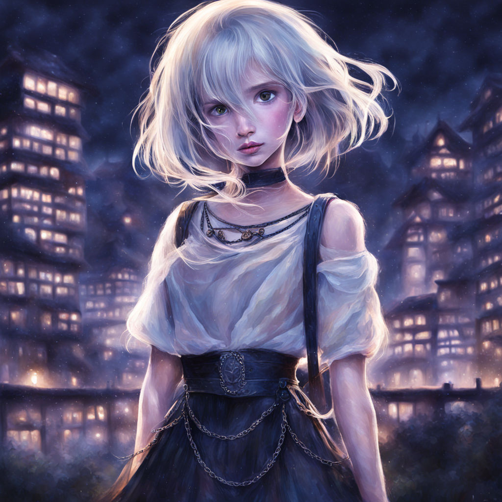 Fantasy anime style. A girl with shoulder-length white hair and blue eyes