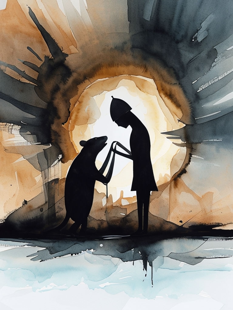 Surreal Watercolor Painting of Intimate Shadowy Figures Art