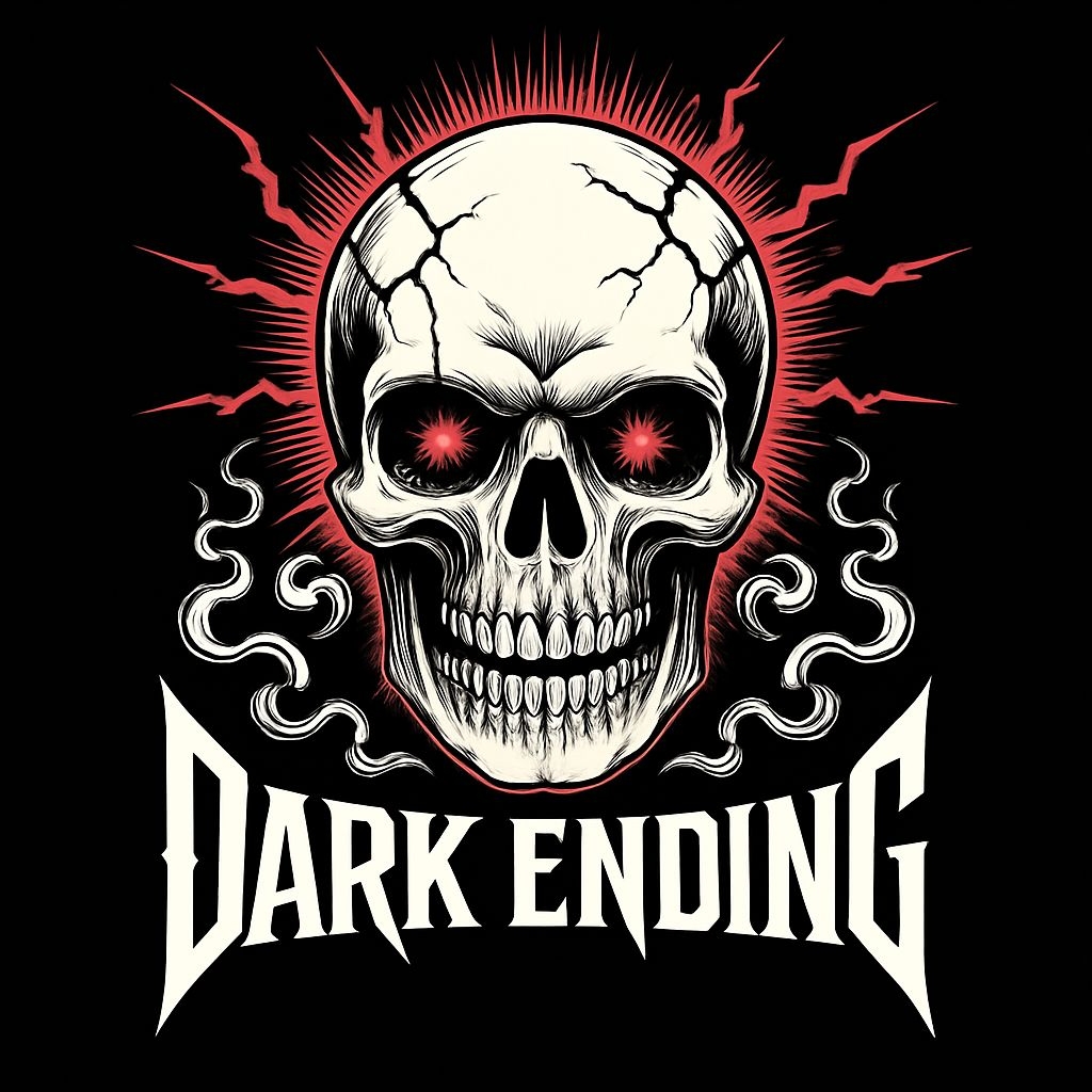 Menacing Skull with Cosmic Red Eyes and Dark Ending Text T-Shirt