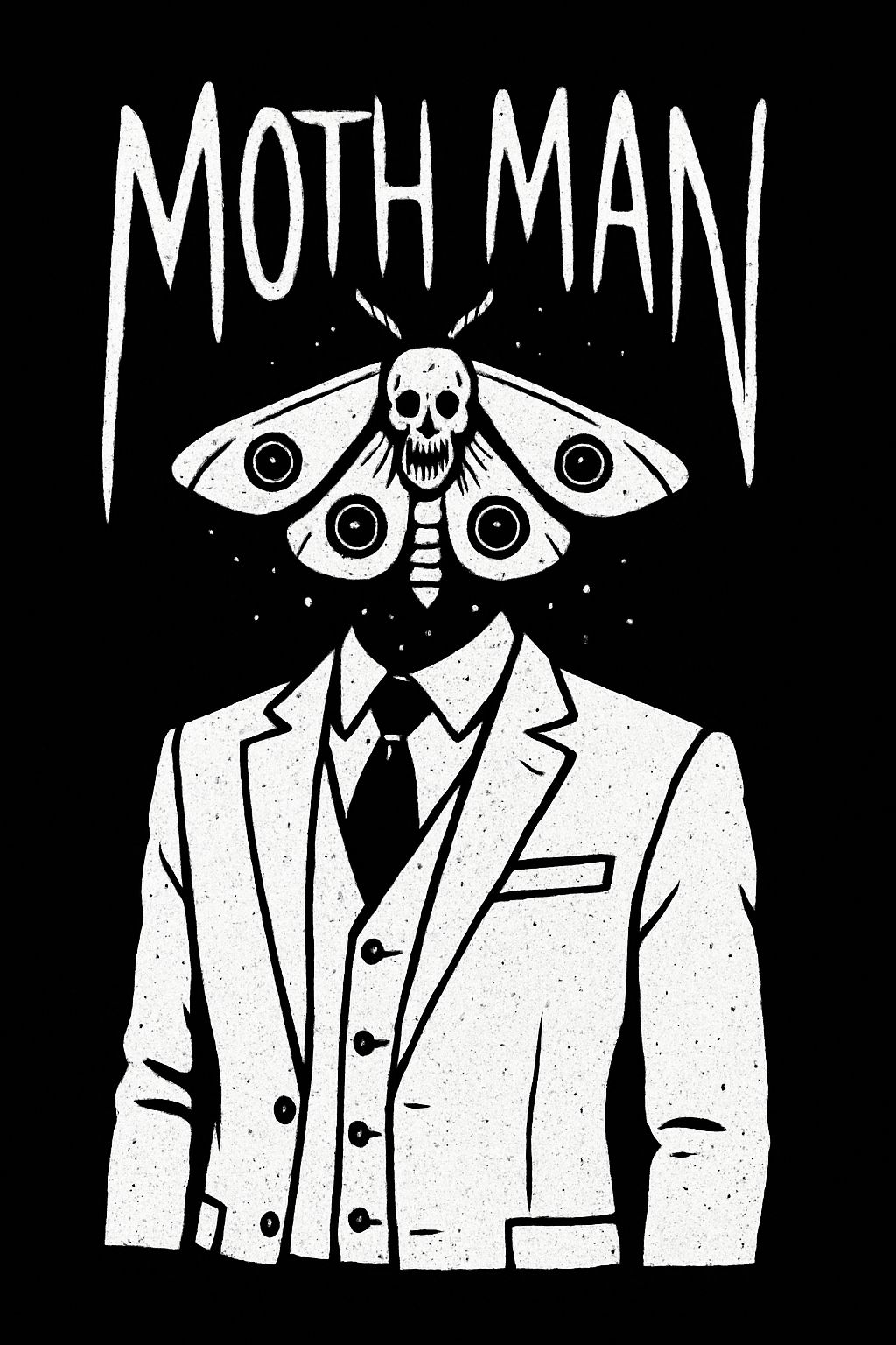 Surreal Moth Man Illustration with Skull Head in Black and White Poster