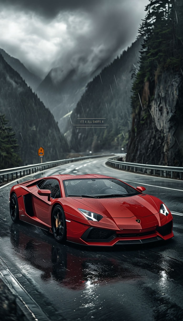 Vibrant Red Lamborghini Aventador on Wet Asphalt Road Mobile Wallpaper