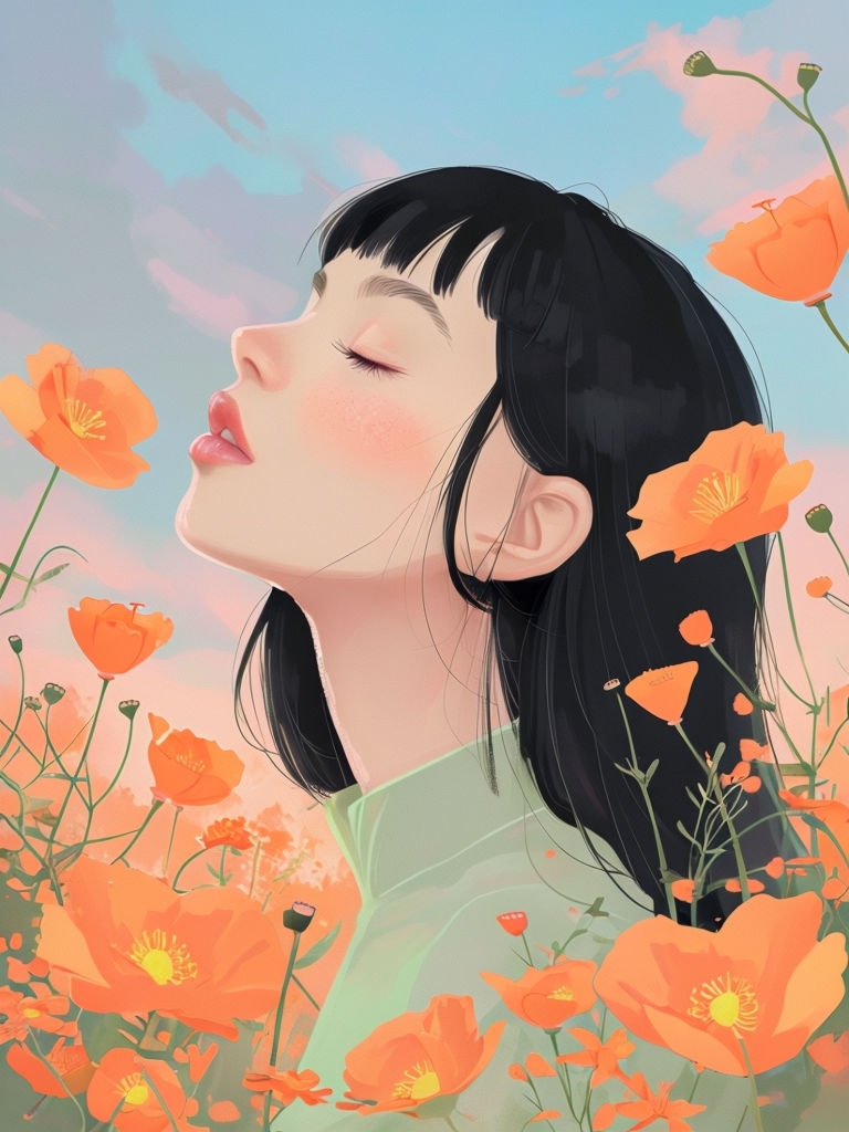 Serene Young Woman with Poppies Digital Illustration Art