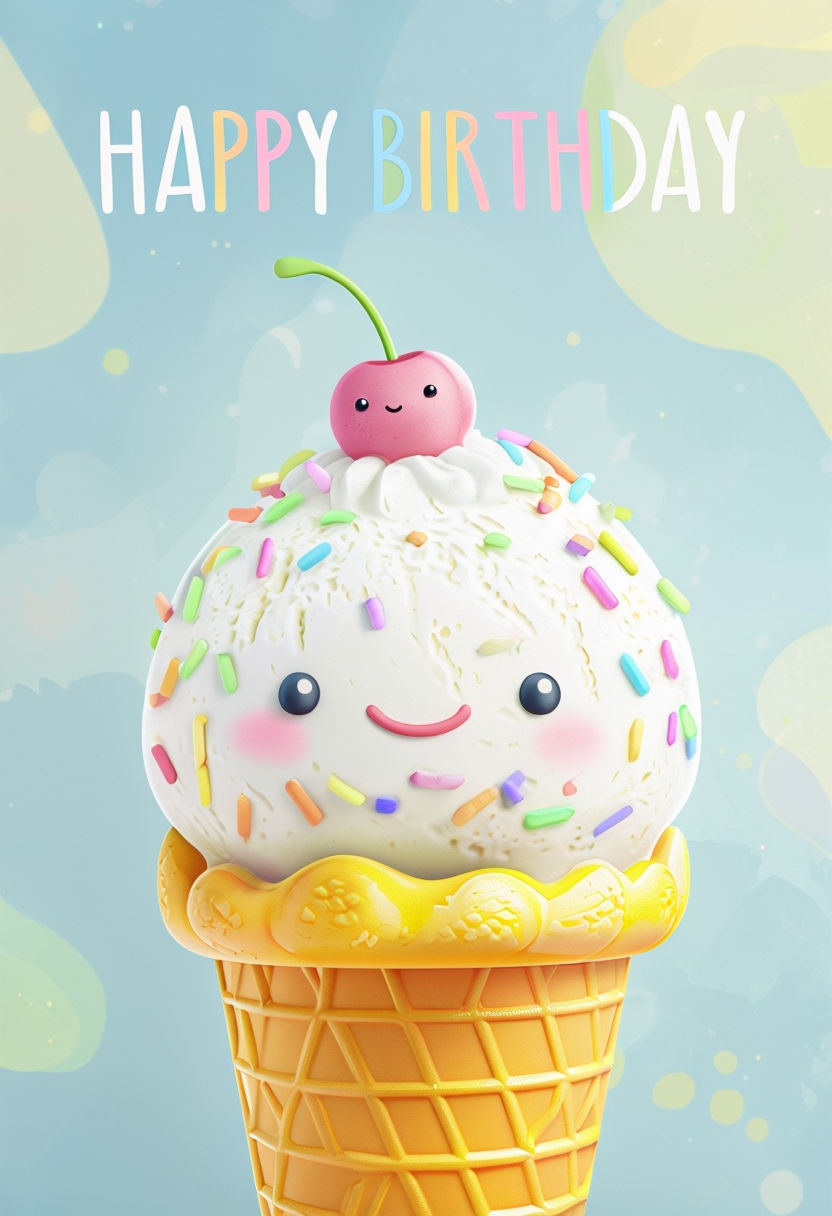 Cheerful Cartoon Ice Cream Birthday Card Illustration Art