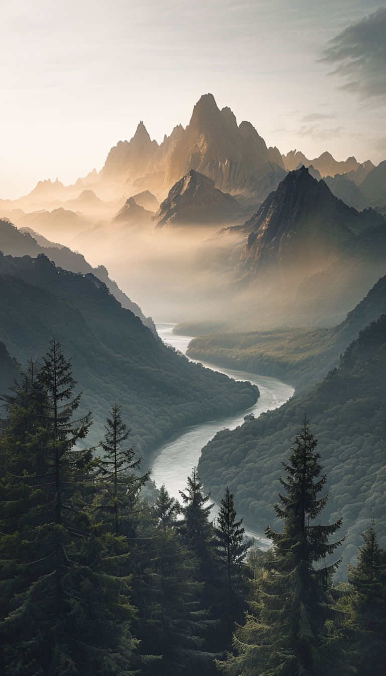 Tranquil Nature Landscape with Misty River and Mountains Phone Case Cover