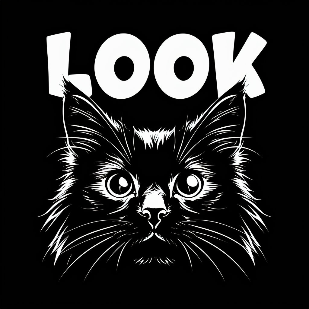 Bold Black and White Cat Illustration with LOOK Text T-shirt