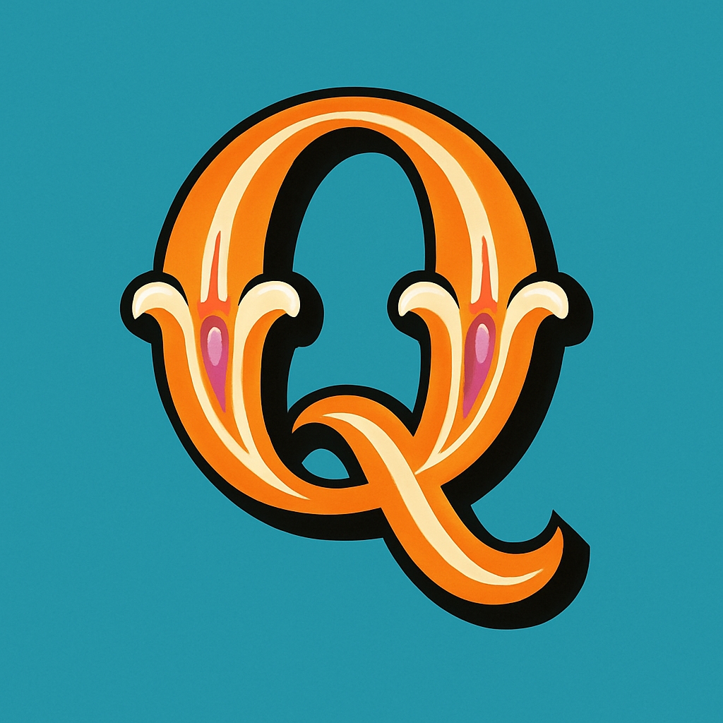 Ornate Amber Orange Letter Q on Sky Blue Background Monogram