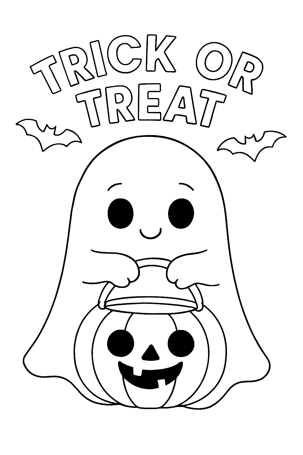 Cute Cartoon Ghost with Pumpkin Bucket for Halloween Coloring Page