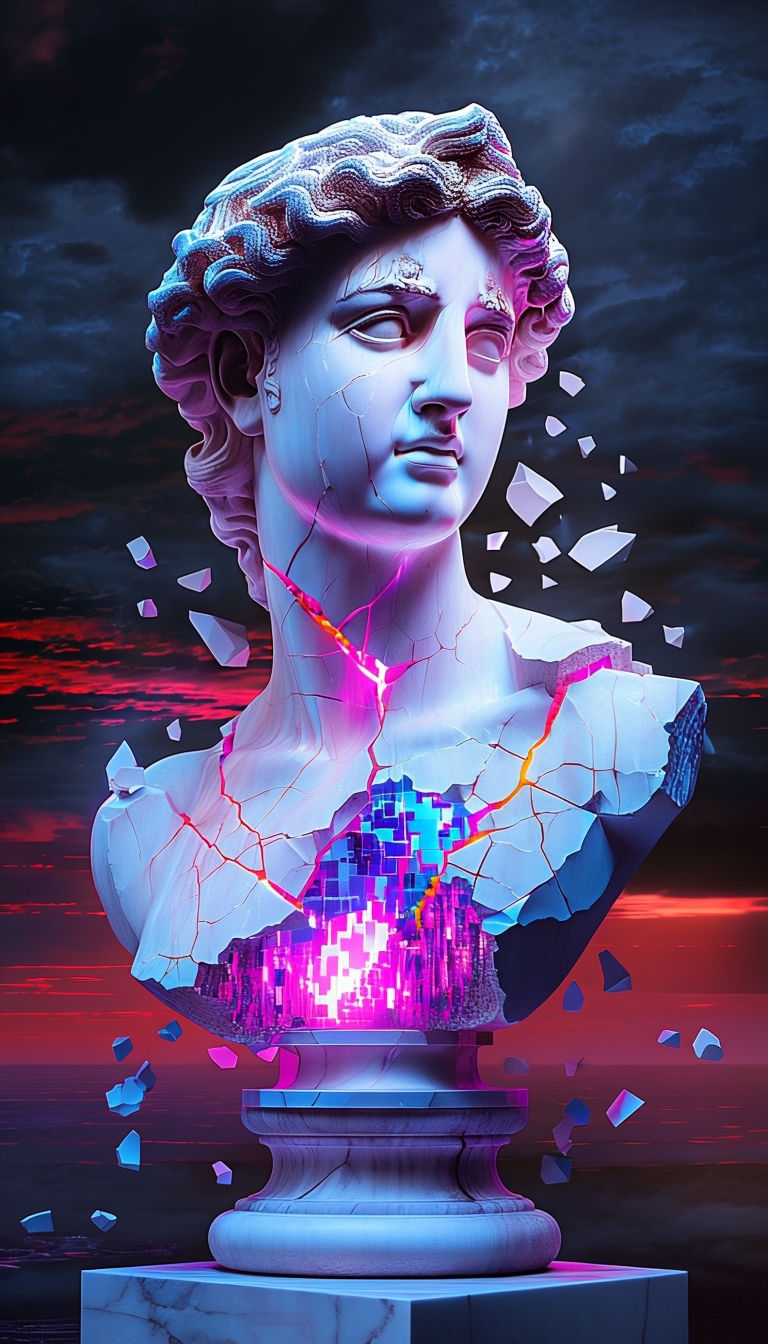 Surreal Glitched Grecian Statue with Electric Colors Mobile Wallpaper