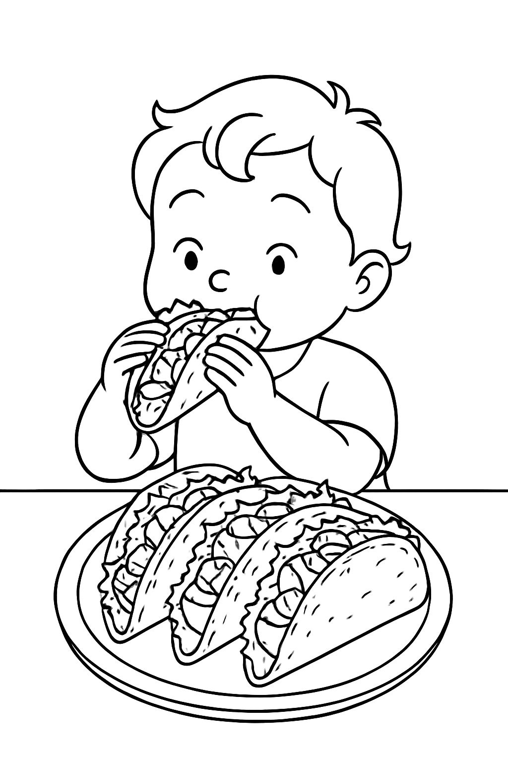 Whimsical Child Enjoying Tacos Black and White Line Drawing Coloring Book Pages