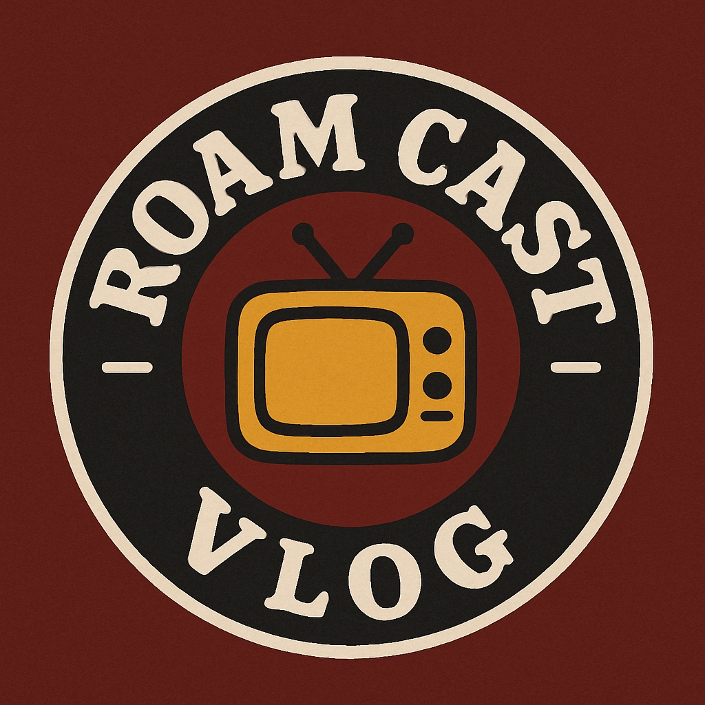 Retro Vintage Roam Cast TV Logo Design on Maroon Background